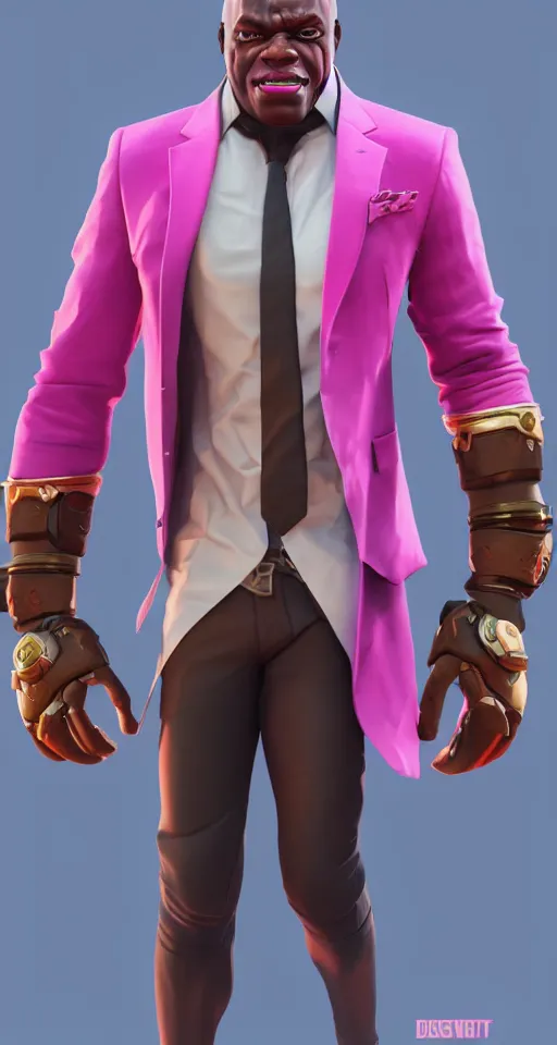 Image similar to doomfist, pink blazer, overwatch game, digital art, high detailed, artstation, 3 d render