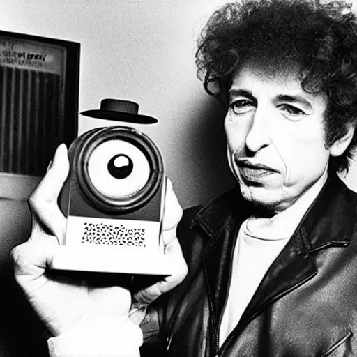 Image similar to bob dylan presenting a minion funko pop to the camera, photograph, 1 9 6 5
