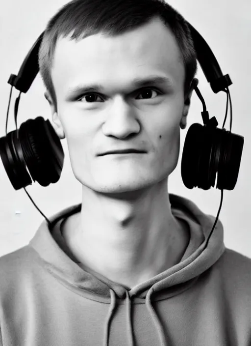 Image similar to perfect symmetric face, coherent eyes. vitalik buterin in headphones. vitalik buterin, close up, high detail, very sharp, 4 k, hayao miyazaki