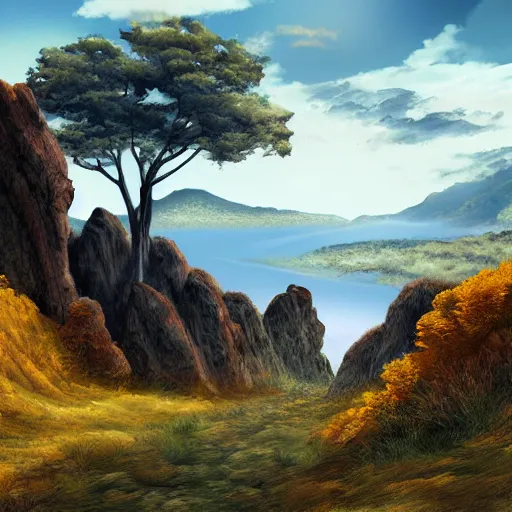 Image similar to grand landscape of rocky hills, art by kotaro chiba, digital art