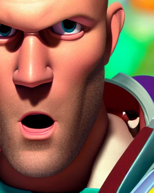 Image similar to Film still close-up shot of Jason Statham as Buzz Lightyear in the movie Toy Story 3. Photographic, photography