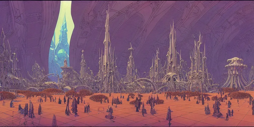 Image similar to cel shaded matte illustration, cinematic shot of the interior of a sci - fi space station with ornate elven architecture bustling with people, epic castle, emerald, crystalline, detailed illustration, sharp focus, crisp lines, art by moebius!!!, jean giraud moebius!!! comic illustration