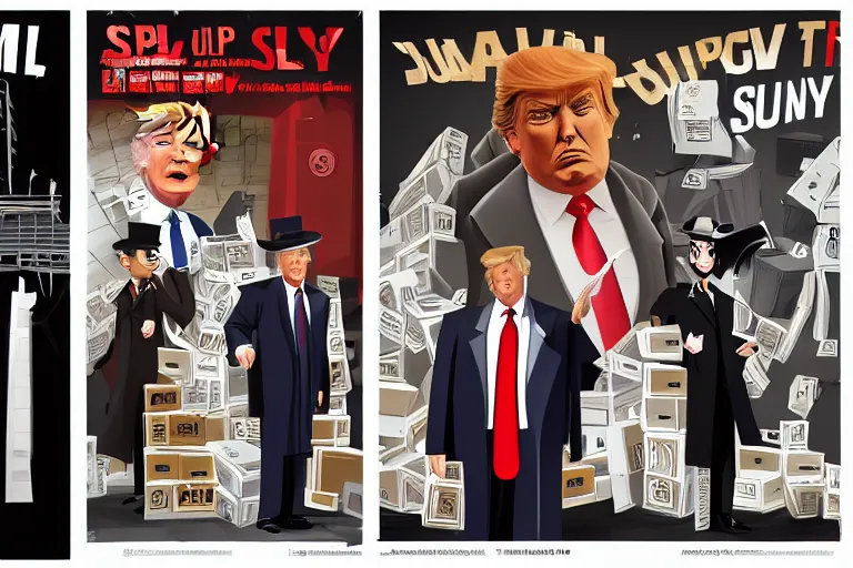 Prompt: 2 d poster illlustration donald trump and donald trump wearing trenchcoats and black spy hats, stacks of boxes everywhere and a safe broken open for the movie spy vs spy