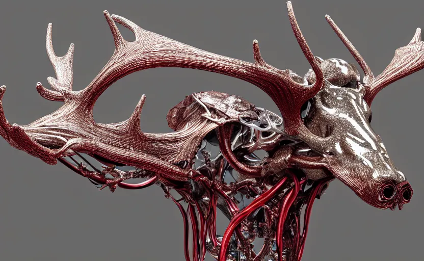 Image similar to stylized shiny polished silver statue full body bizarre cosmic horror quadruped animal moose deer skull four legs made of slug creature tendrils, perfect symmetrical body, perfect symmetrical face, hyper realistic, hyper detailed, by johannen voss, by michelangelo, octane render, blender, 8 k, displayed in pure white studio room anatomical deep red arteries veins flesh