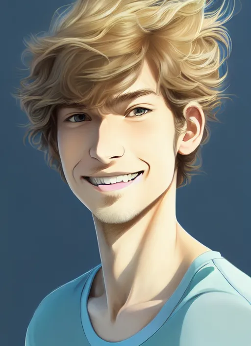 Image similar to young man with medium - length, curly, golden hair, perfectly proportioned face, aquamarine eyes, sweet smile, natural lighting, path traced, highly detailed, high quality, cartoon, digital painting, by new haicheng and studio ghibli