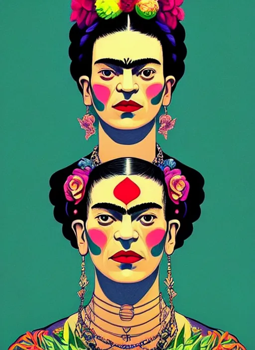 Prompt: symmetry!! stunning portrait of frida kahlo!! by victo ngai, kilian eng vibrant colours, dynamic lighting, digital art, winning award masterpiece, fantastically beautiful, illustration, aesthetically inspired by beksinski and dan mumford, trending on artstation, art by greg rutkowski, 8 k