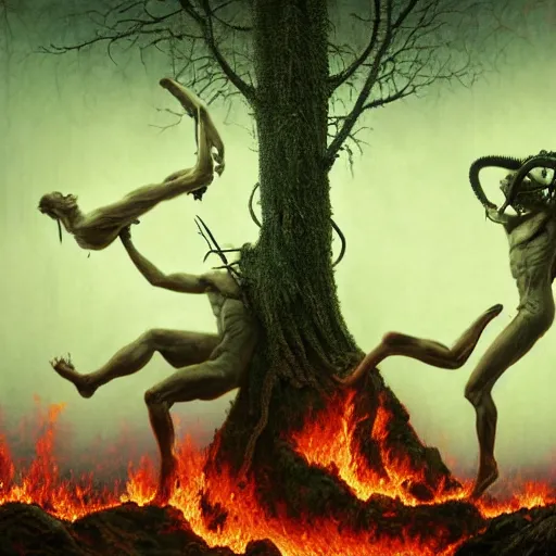 Image similar to two demons dance ballet in hell with ethernet cables wrapped around their arms, trees burning in the background,, beksinski, dariusz zawadzki, very coherent symmetrical artwork. cinematic, hyper realism, high detail, octane render, 8 k