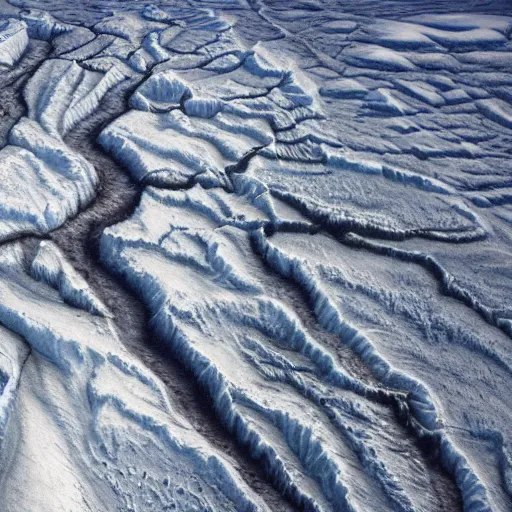 Image similar to aerial shot of permafrost rupturing in siberia, climate change, hyper realism, 8 k, hyper detailed