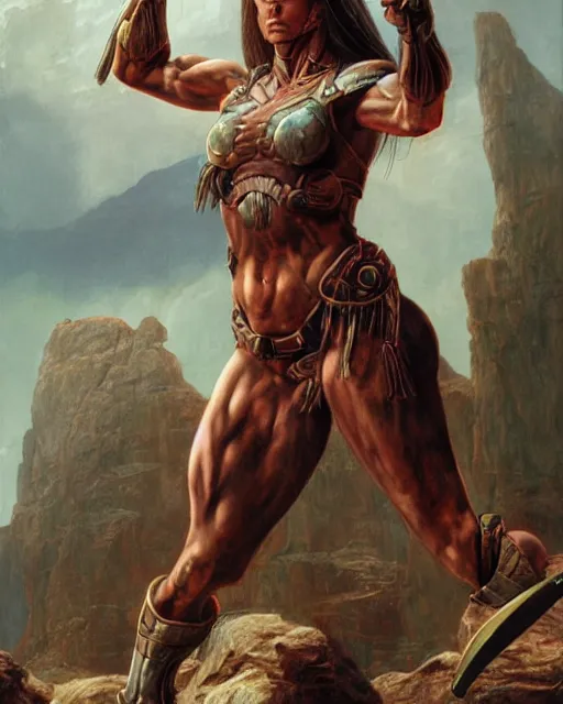 Image similar to a portrait of a muscular female warrior by boris valejo and Thomas Cole and Wayne Barlowe