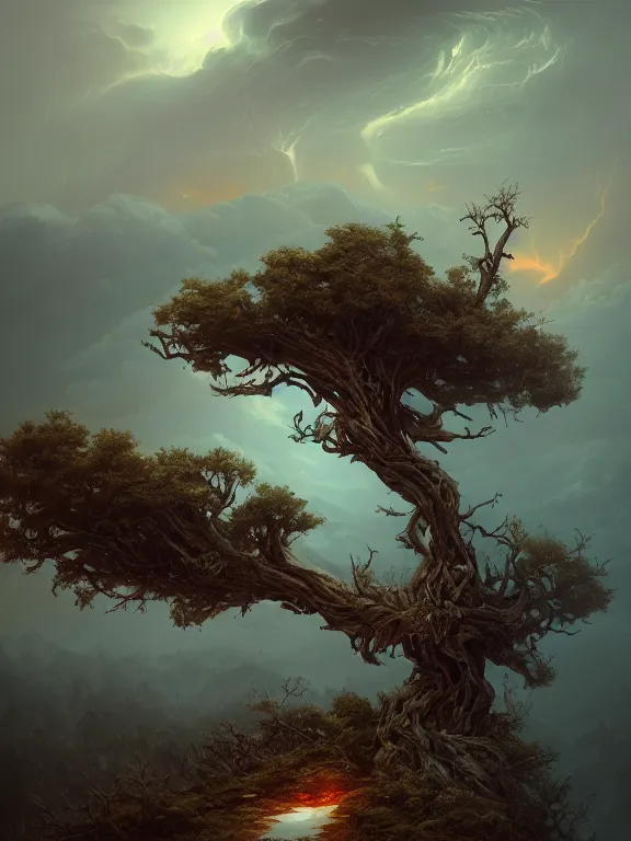 Image similar to photo of 8k ultra realistic lone dead tree on hill surrounded by swirling clouds and lighting, dark, menacing, full of colour, cinematic lighting, battered, trending on artstation, 4k, hyperrealistic, focused, extreme details,unreal engine 5, cinematic, masterpiece, art by Peter Mohrbacher