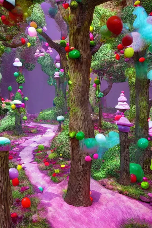 Image similar to a fancy forest made of candy and sweats, unreal engine, realistic, fantasy scenic, atmospheric