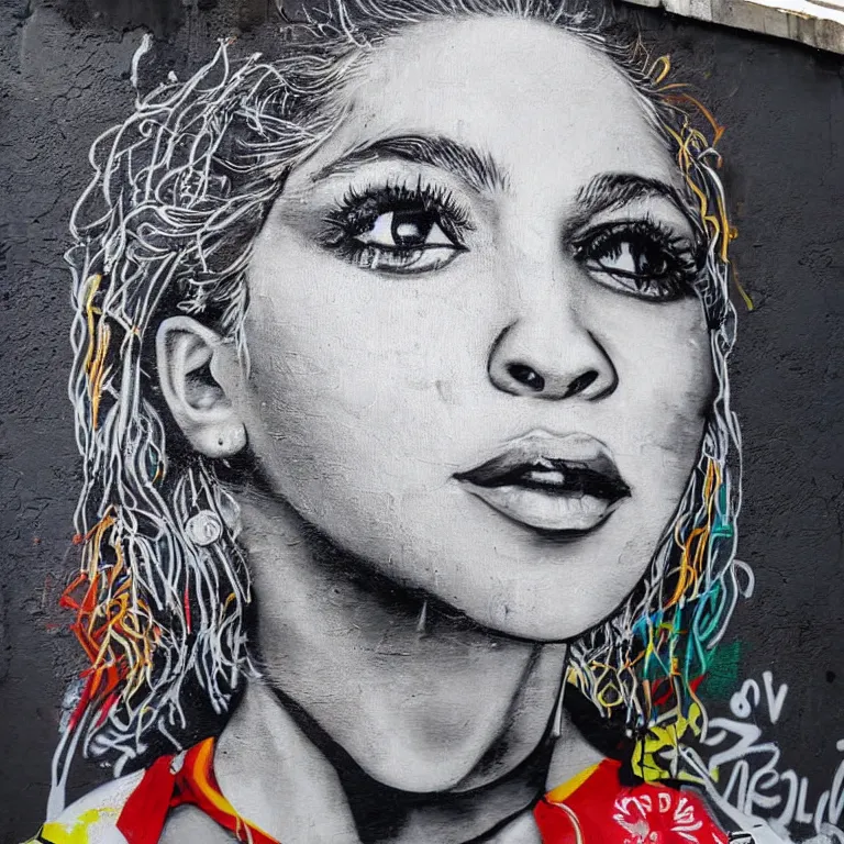 Image similar to Detailed street-art portrait of Shakira Isabel Mebarak Ripoll in style of Banksy