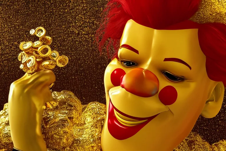 Image similar to a still of ronald mcdonald surrounded by gold and diamonds, award - winning, photograph, 3 d render, unreal engine, 4 k detailed