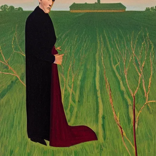 Image similar to grant wood's painting of dracula on the porch of a southern plantation, proudly gazing out on his cotton fields. he is pale, with black hair and a black and red cape.