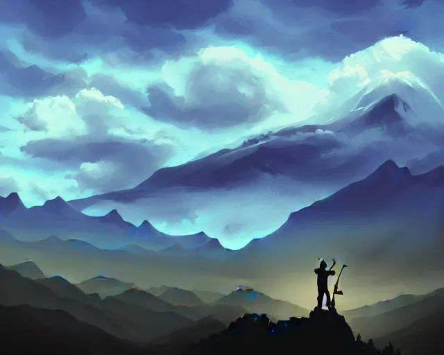 Prompt: A silhouette figure of a man with a guitar obscured by clouds that look like mountains high in the sky, the clouds are a deep blue purple color with the sun blazing behind the clouds, deep focus, D&D, fantasy, intricate, elegant, highly detailed, digital painting, artstation, concept art, matte, sharp focus, illustration, hearthstone, art by Artgerm and Greg Rutkowski and Alphonse Mucha