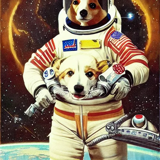 Prompt: corgi astronaut in space, beautiful painting by norman rockwell