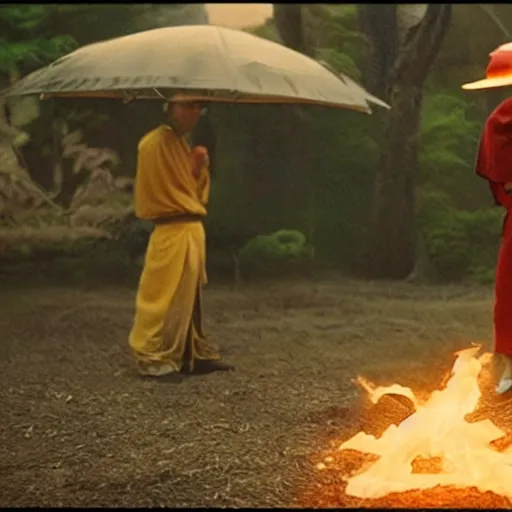 Image similar to cinematic film still Pharrell Williams starring as a Samurai holding fire, Japanese CGI, VFX, 2003, 40mm lens, shallow depth of field,film photography