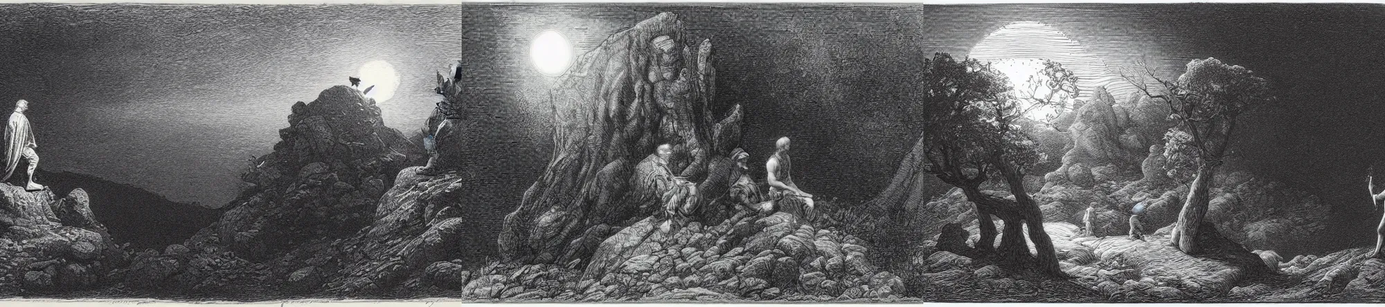 Image similar to an engraving of two men contemplating the moon on a rock in the forest by gustave dore, caspar david friedrich, ian miller, highly detailed, strong shadows, depth, lithograph engraving