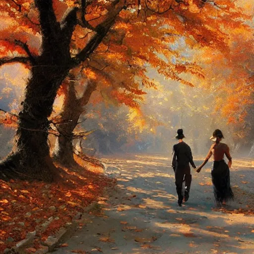 Image similar to a romantic walk in fall, warm, nostalgic, craig mullins