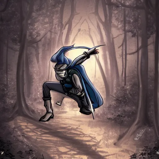 Prompt: a ninja in a moody forrest jumping, anime, steampunk, insanley detalied