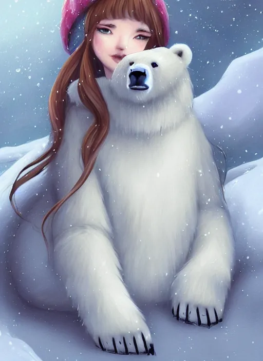 Image similar to award winning beautiful portrait commission art of a female furry anthro polar bear fursona with a cute beautiful attractive detailed furry face wearing cute stylish winter clothes at a comfy winter cabin at dusk by firelight. Character design by charlie bowater, ross tran, artgerm, and makoto shinkai, detailed, inked, western comic book art