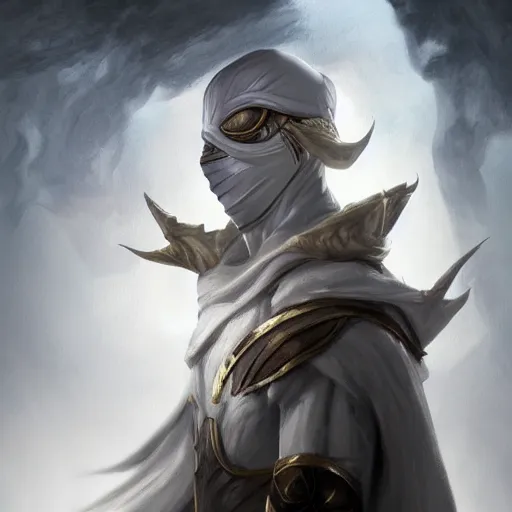 Prompt: a hyper realistic and detailed portrait of zum the planeswalker wearing a white marble mask hiding his true identity and face, focus on face, mystic, mysterious, merchant collector, 8k, no skin, black eyes, trending on artstation, masterpiece