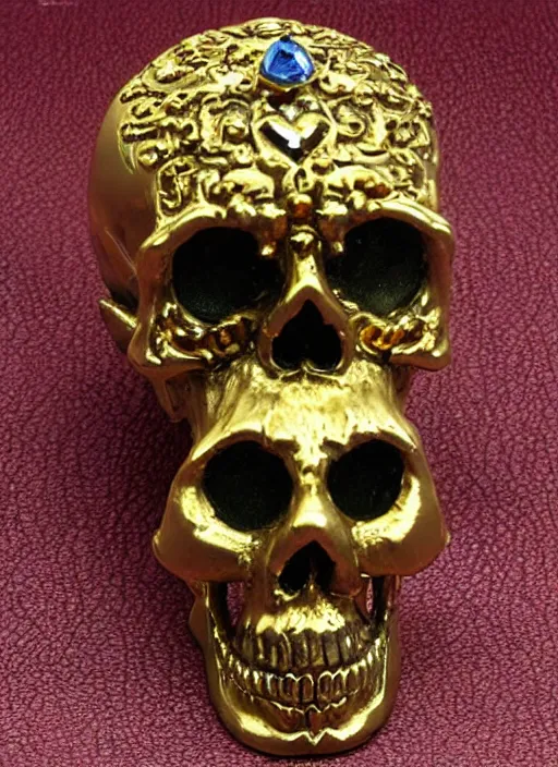 Prompt: ornate gothic gold skull realistic 3 d covered in jewels