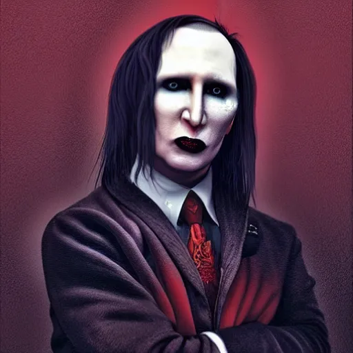 Image similar to Vladimir Putin as Marilyn Manson from Marilyn Manson, portrait, highly detailed, digital painting, artstation, concept art, smooth, sharp focus, illustration, cinematic lighting, art by artgerm and greg rutkowski and alphonse mucha