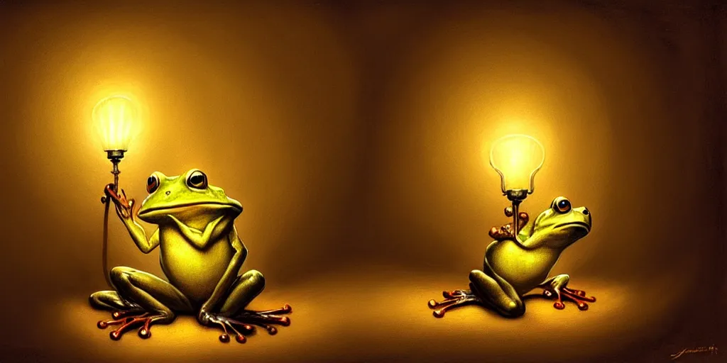 Image similar to a frog holding a lamp by justin gerard, concept art, creature design