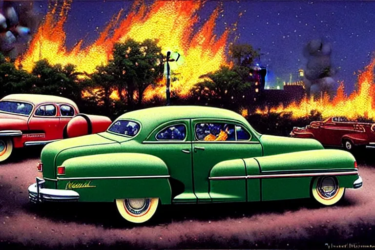 Prompt: in the style of norman rockwell, thomas kinkade, 1 9 4 8 desoto car, black, driving through a 1 9 5 0 s town that's on fire, during the purge, night time, elaborate, high saturation, heat haze, violence