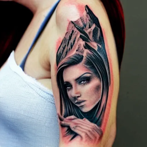 Image similar to tattoo realism design of a beautiful girl next to a mountain scenery, hyper realistic