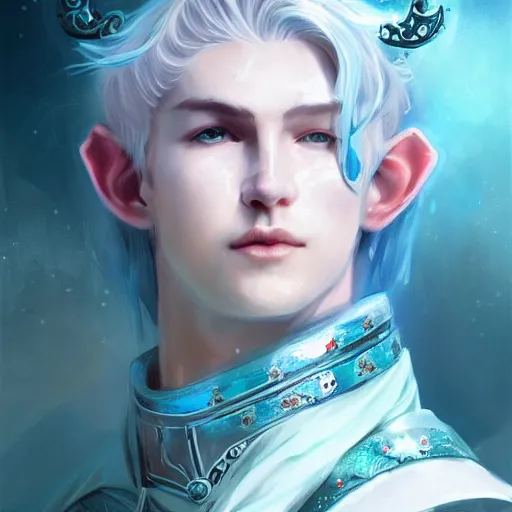 Image similar to handsome male snow elf in a turquoise cape and silver ornate armour as an archer, albino skin, pointed ears, ethereal opalescent mist, moonlight snow, fantasy art, perfect face, elegant, very coherent symmetrical artwork, atmospheric lighting, rule of thirds, by wenjun lin, krenz cushart, charlie bowater, trending on artstation