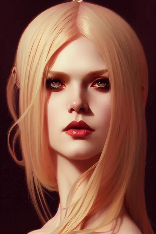 Image similar to a beautiful blond goth girl, fantasy, portrait, sharp focus, intricate, elegant, digital painting, artstation, matte, highly detailed, concept art, illustration, ambient lighting, art by ilya kuvshinov, artgerm, Alphonse mucha, and Greg Rutkowski