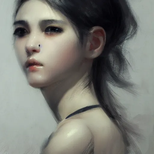 Prompt: a cute girl by ruan jia, closeup headshot, black ponytail, black eyes