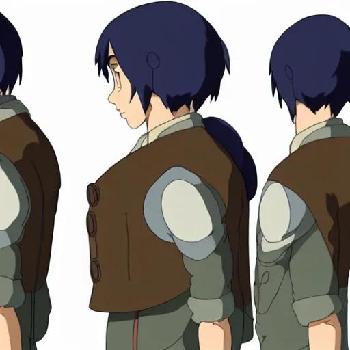 Image similar to a reference sheet containing three pictures of a hero by ghibli studio, front back view and side view, proportions, ready to model,