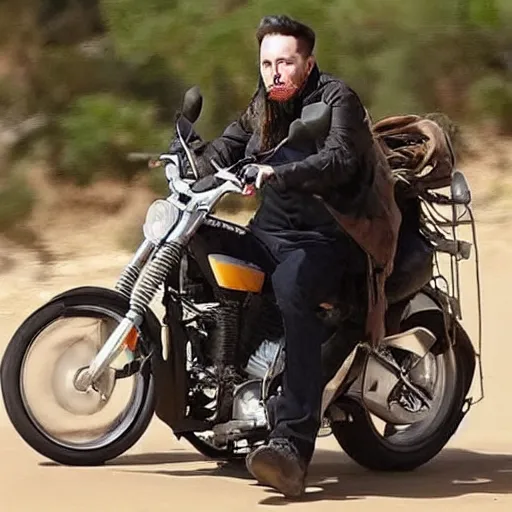 Image similar to elon musk wearing a long beard joining the mujahideen while riding a motorcycle, sharp focus, smooth, fine details