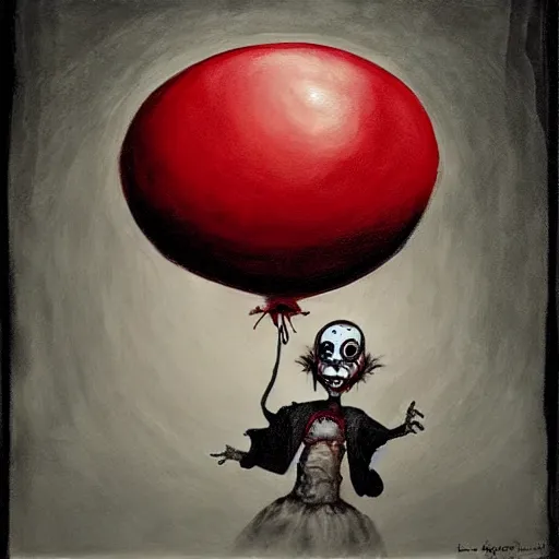 Image similar to grunge painting of creepy pasta with a wide smile and a red balloon by chris leib, loony toons style, pennywise style, corpse bride style, horror theme, detailed, elegant, intricate, Atmospheric phenomenon, conceptual, volumetric light