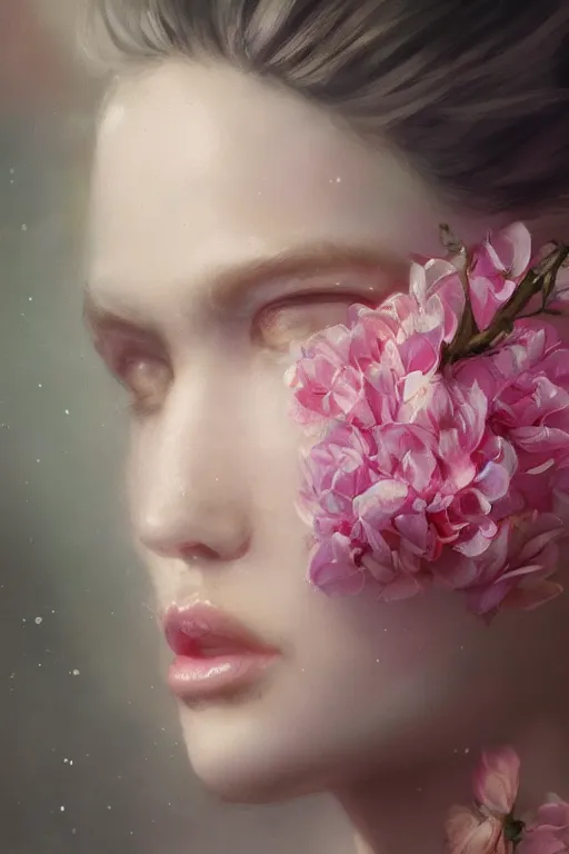 Image similar to face closeup beautiful girl with diamond skin, 3 d render, holding pink flowers, hyper realistic detailed portrait, ruan jia, wlop, fantasy, hyper detailed, octane render, concept art, ornaments, mucha vibe, dieselpunk, solarpunk, artstation, peter mohrbacher