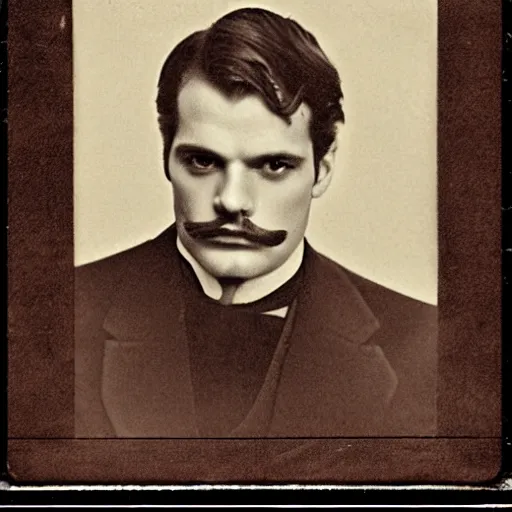 Prompt: headshot edwardian photograph of sebastian stan, henry cavill, small moustache, 1 9 2 0 s film actor, suave, charming, realistic face, 1 9 1 0 s photography, 1 9 0 0 s, grainy, victorian, soft blur