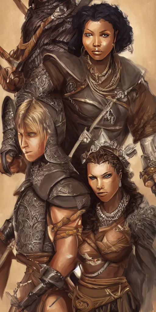 Image similar to female thief and a large young male warrior, and a young female african warrior, d & d, fantasy, portrait, in travis charestart style