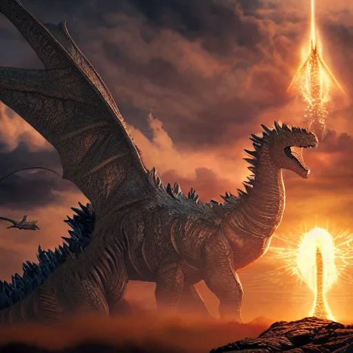 Image similar to ghidorah, majestic, breathtaking, lightining in background, ultrafine hyperrealistic detailed illustration by kim jung gi, irakli nadar, intricate linework, sharp focus, bright colors, matte, movie still from godzilla king of monsters, final fantasy, unreal engine highly rendered, 8 k, global illumination, radiant light, intricate environment
