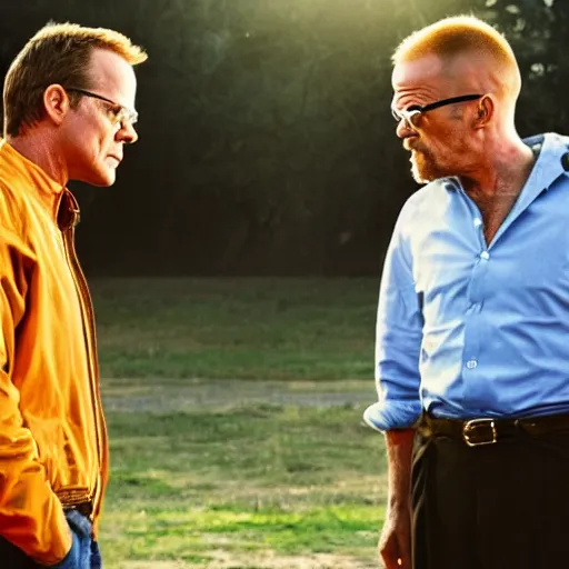 Image similar to movie still of Jack Bauer and Walter White arguing, 4k, golden hour