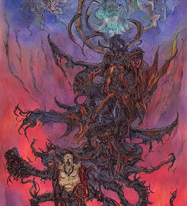 Image similar to a watercolor ink painting of demonic dreadlord summoning monsters from hell in the style of jean giraud in the style of moebius trending on artstation deviantart pinterest detailed realistic hd 8 k high resolution