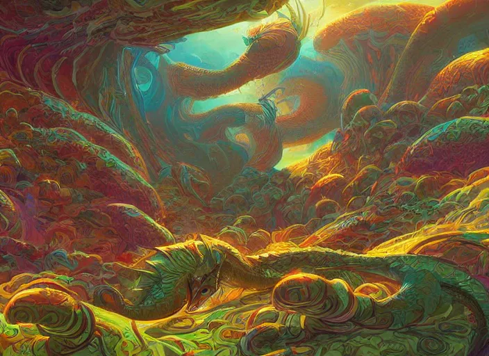 Image similar to psychedelic concept art of a dragon landscape made of thousands of spiraling dragons, cel shaded, in the style of makoto shinkai and moebius and peter mohrbacher and anton fadeev