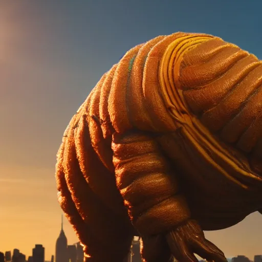 Image similar to colossal tardigrade, new york attack, golden hour, cinematic, action shot