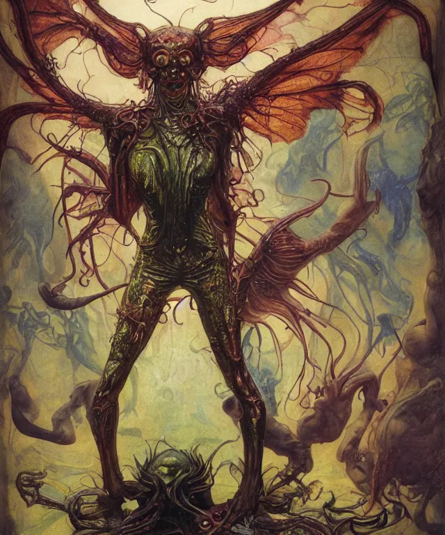 Prompt: a portrait photograph of a bestial mutated alien super villian with slimy skin and wings. she looks like sadie sink and is trying on a colorful infected bulbous shiny organic catsuit. by donato giancola, hans holbein, walton ford, gaston bussiere, peter mohrbacher and brian froud. 8 k, cgsociety, fashion editorial