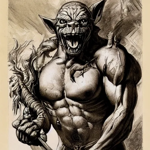 Image similar to dog - faced muscular goblin, ugly face, lizard tail, holding scimitar made of bone, hyper - detailed, primeval fantasy, prehistoric fantasy, drawn by frank frazetta