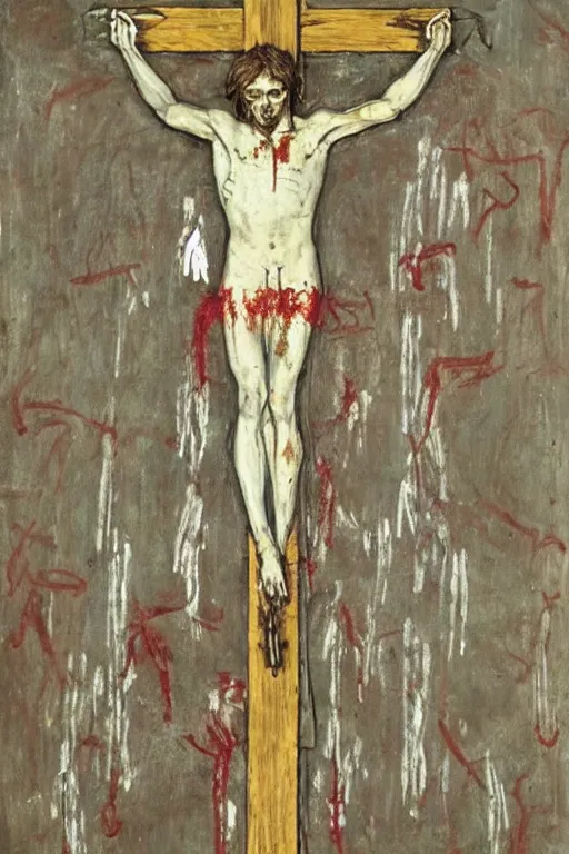 Prompt: bloody christ crucified and some mushrooms on the floor painted in by cy twombly and andy warhol