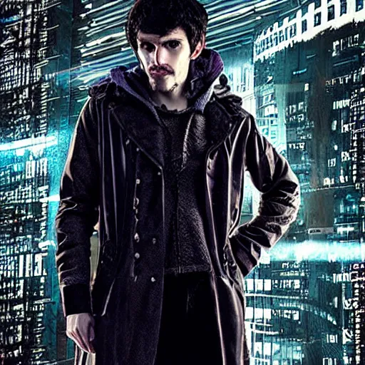 Image similar to Colin Morgan as Cyberpunk Merlin