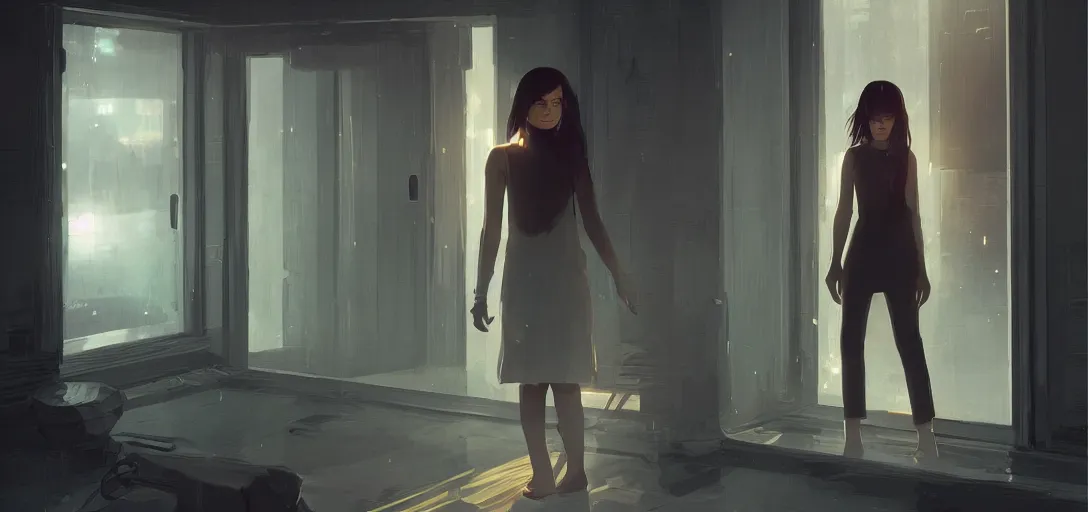 Image similar to Young Himalayan woman waiting by a door | night time scene, plain walls | white eyes, long messy hair | somber lighting, futuristic, dim lighting, digital art by Makoto Shinkai ilya kuvshinov and Wojtek Fus, digital art, concept art,